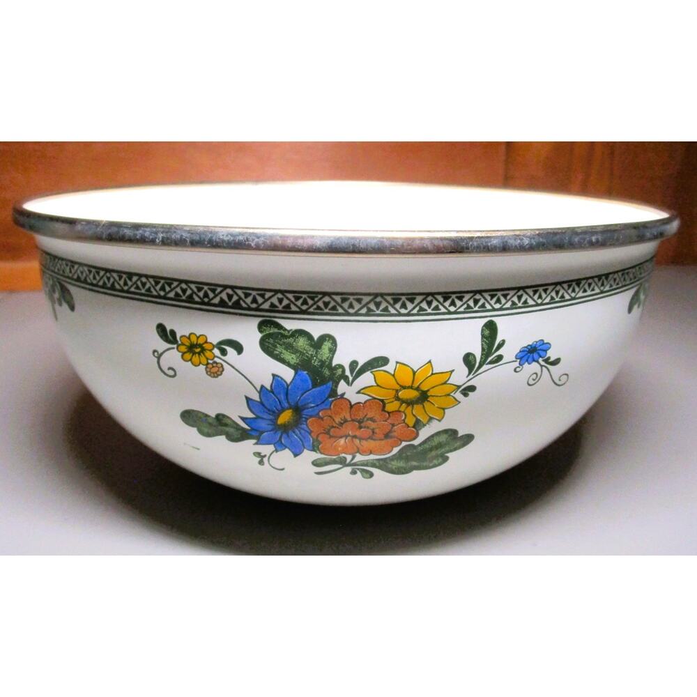 White Enameled 16 Cup Mixing Bowl Colorful Floral Pattern Food Prep Serveware